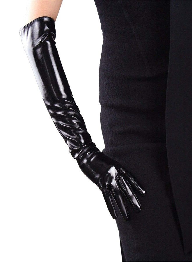 DooWay Black Long Latex Gloves Faux Patent PU Wet Look 20-inches Opera Party Evening Gloves - Image 2